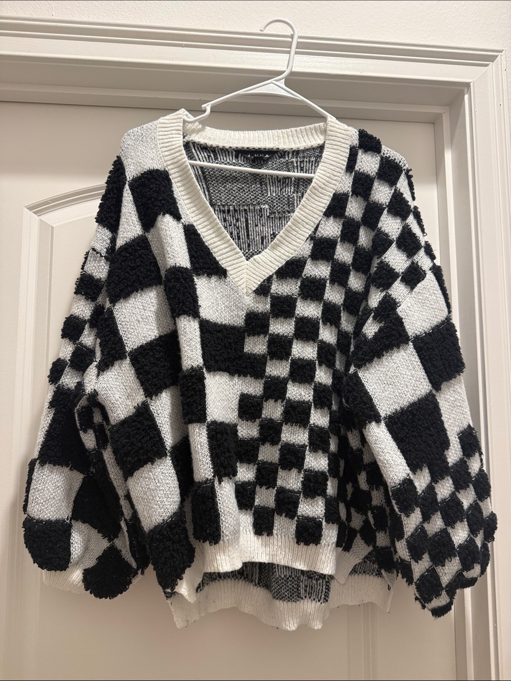 Black & White Checker V-Neck Pullover Sweater